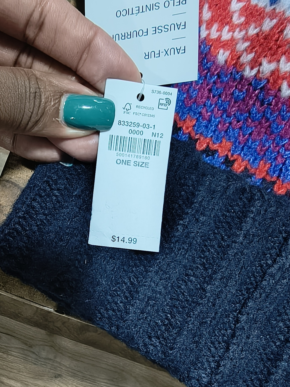 Old Navy Black Cuff Beanie with Red & Blue Fair Isle Pattern and Black Pom - Picture 2 of 4